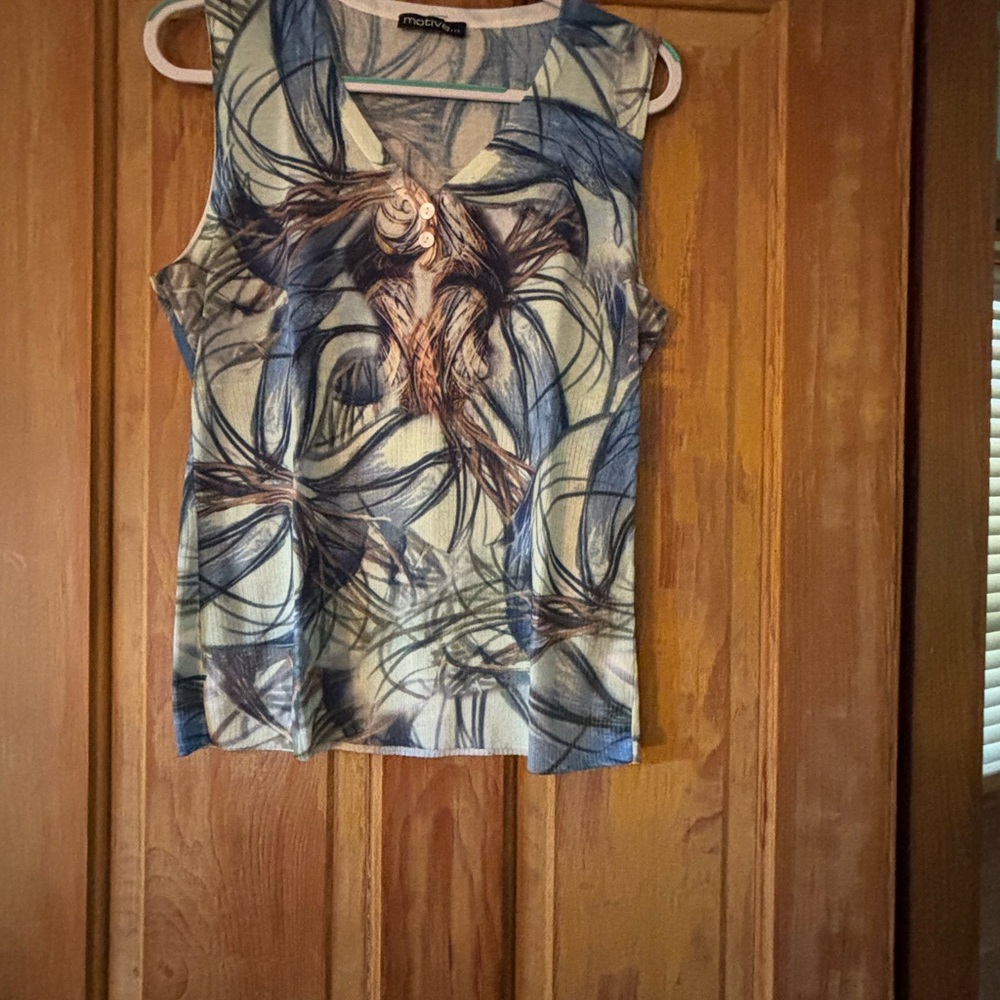 MONA LISA Blue and Tan Sleeveless Knit V Neck Top